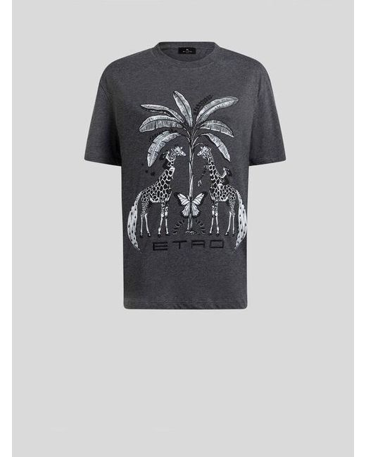 Etro Black Cotton Jersey T-Shirt With Placed Giraffe Print