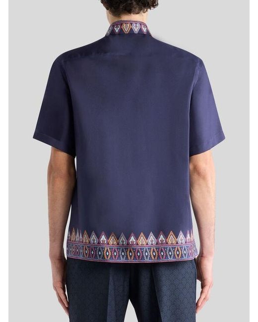 Etro Blue Short-Sleeved Silk Shirt With Placed Print for men