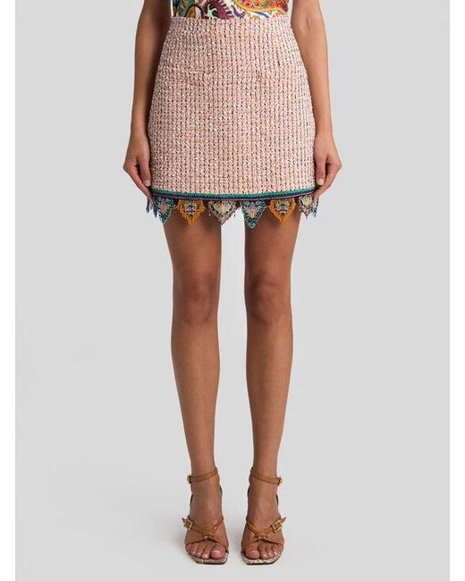 Etro White Jacquard Mini Skirt With Tweed Effect, Fringing And Check Motif