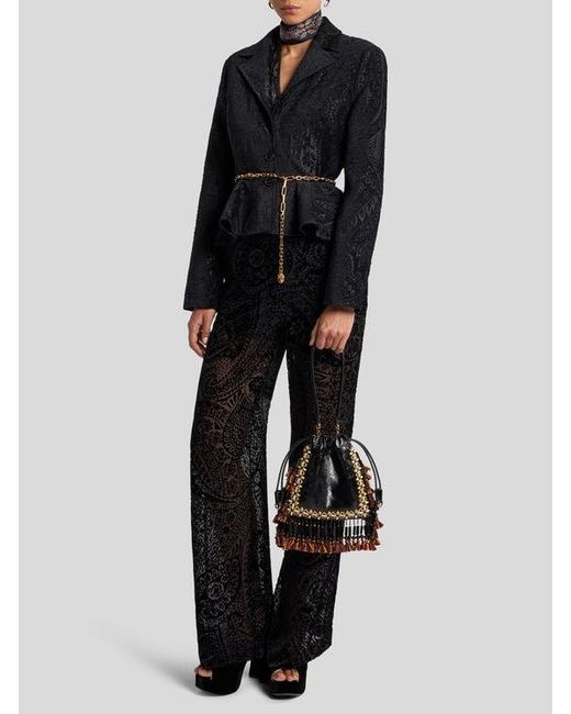 Etro Black Burnout Velvet Palazzo Trousers With Floral Paisley Motif
