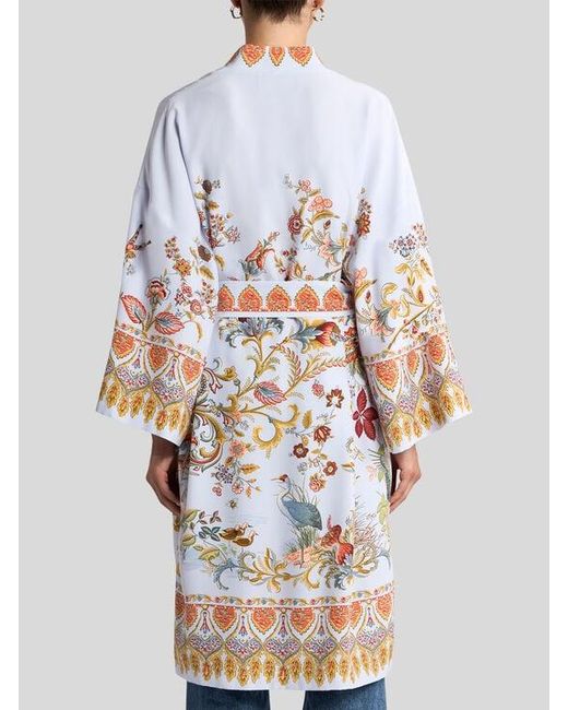 Etro White Silk Kimono With Placed Flora And Fauna Print