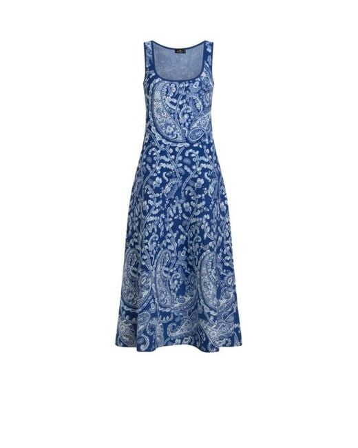 Etro Blue Jacquard Midi Dress With Floral Paisley Motif