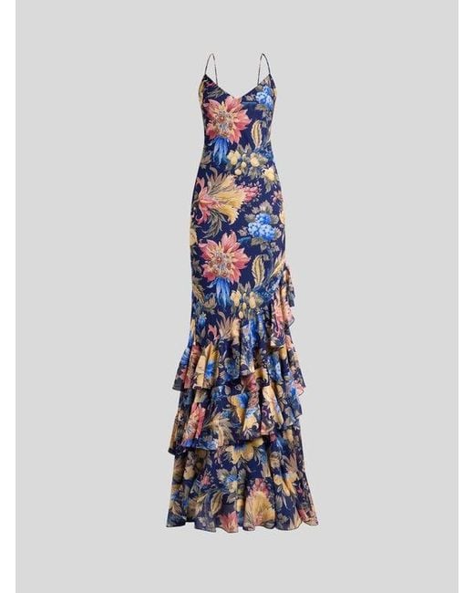 Etro White Long Seersucker Dress With Ruffles And Floral Motif