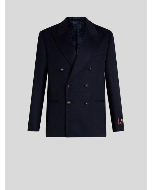 Etro Blue Double-Breasted Cashmere Blazer for men