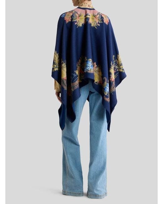 Etro Blue Wool Cape With Placed Floral Paisley Print