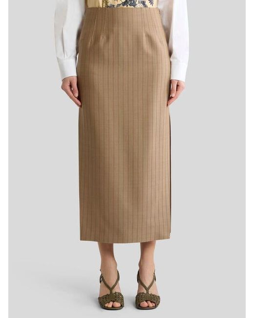 Etro Natural Wool Jacquard Midi Skirt With Striped Pattern