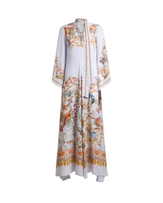 Etro White Long Silk Dress With Silk Scarf And Placed Flora And Fauna Print