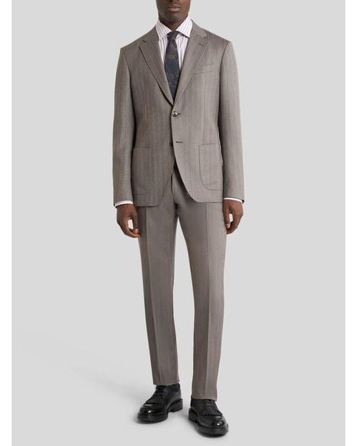 Etro Gray Single-Breasted Wool Suit With Chevron Stripes for men