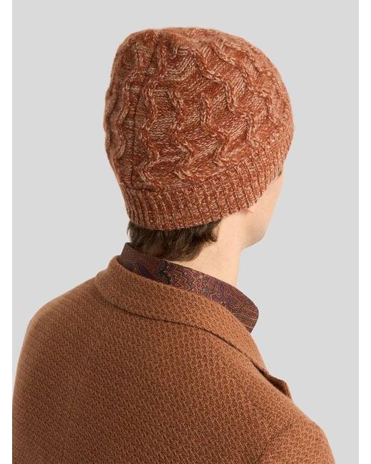 Etro Brown Cashmere Beanie With Cable Detail And Pegaso Embroidery for men