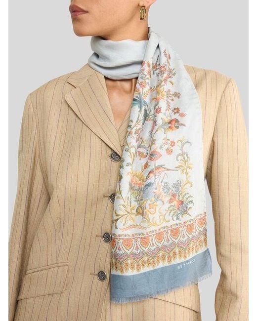 Etro White Cotton-Blend Jacquard Scarf With Flora And Fauna Motif