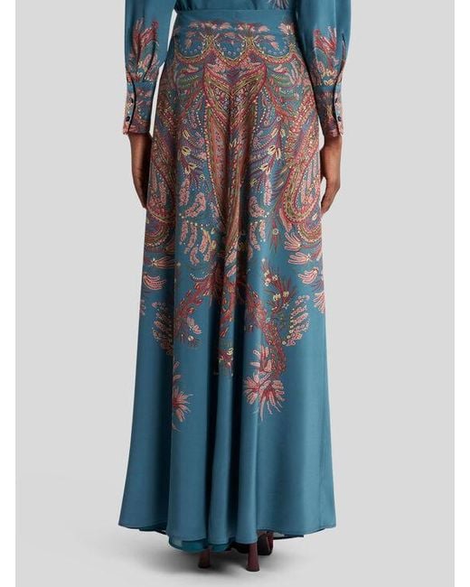 Etro Blue Langer Rock Aus Seide Mit Platziertem Print, Damen, Größe
