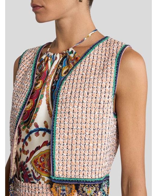 Etro White Cropped Jacquard Waistcoat With Tweed Effect, Fringing And Check Motif