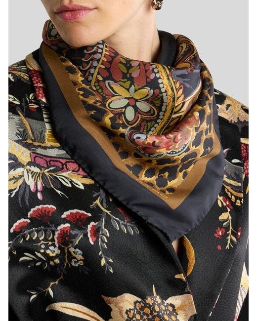 Etro Black Silk Twill Scarf With Leopard And Paisley Motif