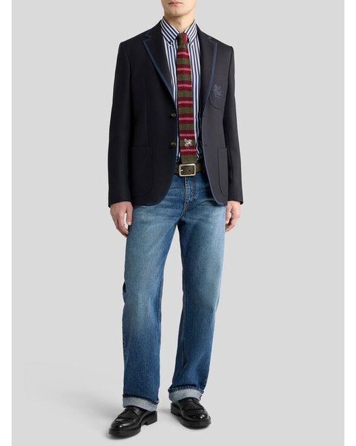 Etro Blue Single-Breasted Wool Jacket With Pegaso Logo for men