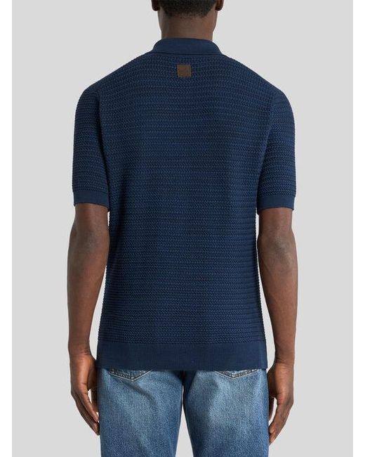 Etro Blue Knit Cotton Polo Shirt With Braided Stitch for men