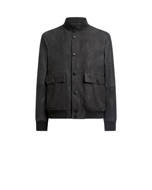 Etro Black Suede Bomber Jacket With Arnica Motif for men