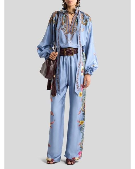 Etro Blue Silk Blouse With Silk Scarf And Placed Floral Paisley Print