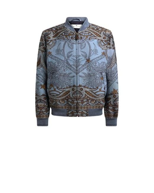 Etro Blue Wool-Blend Jacquard Bomber Jacket With Placed Pegaso Motif for men