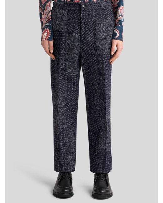 Etro Blue Wool-Blend Patchwork Trousers for men