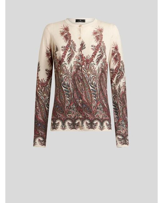 Etro White Silk And Cashmere Cardigan With Placed Print