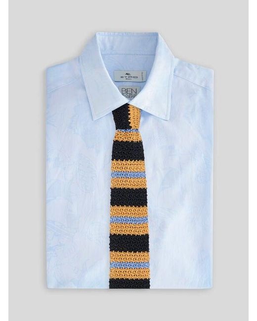 Etro White Knit Silk Tie With Stripes And Pegaso for men