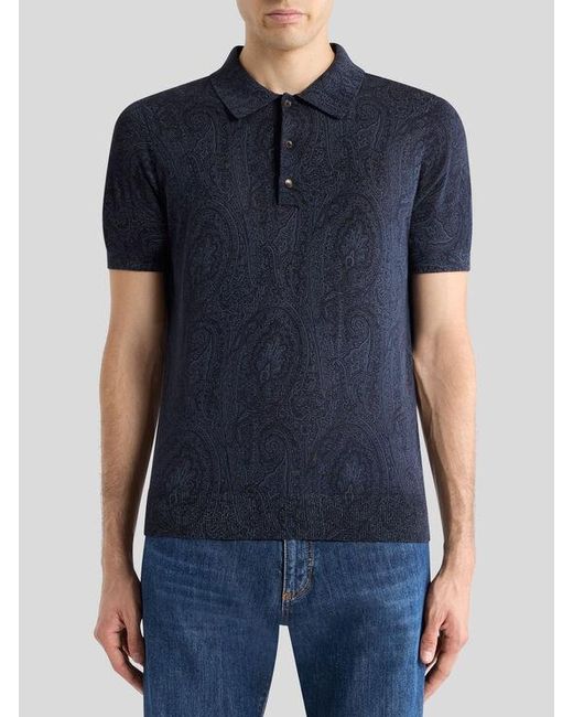 Etro Blue Cotton-Blend Polo Shirt With Floral Paisley Motif for men