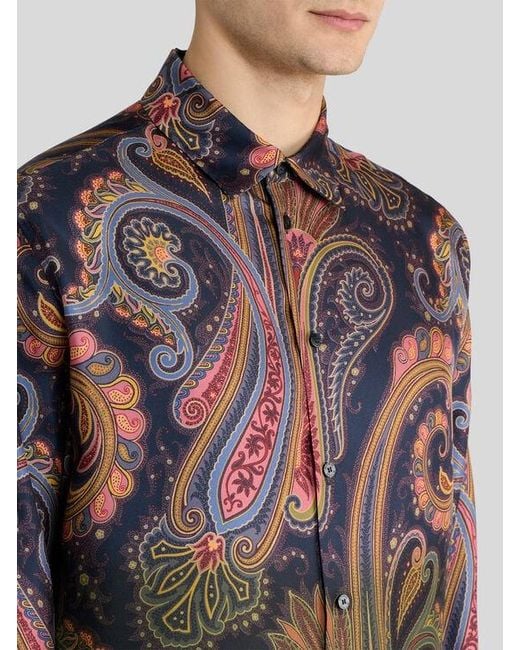 Etro Brown Silk Twill Shirt With Placed Degradé Paisley Print for men
