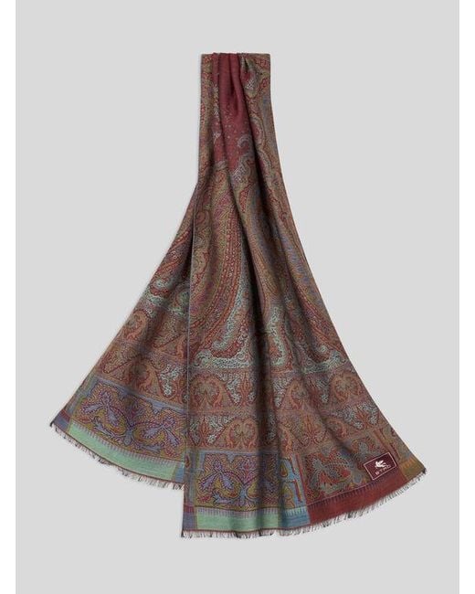 Etro Brown Wool And Silk Jacquard Scarf for men