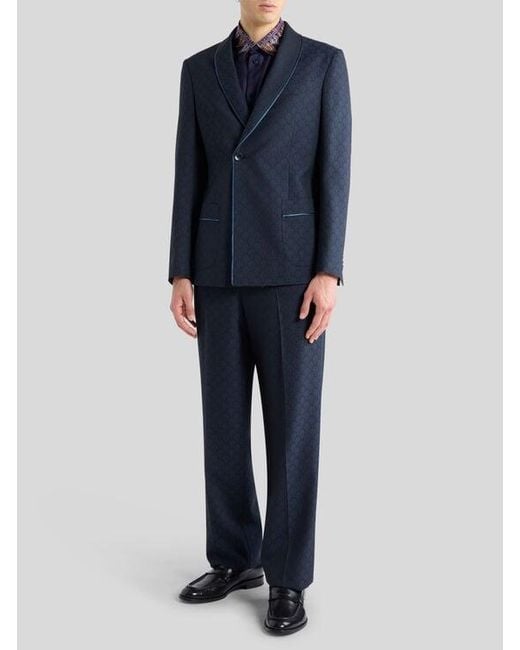 Etro Blue Single-Breasted Wool Jacquard Jacket With Shawl Collar And Micro Palm Motif for men