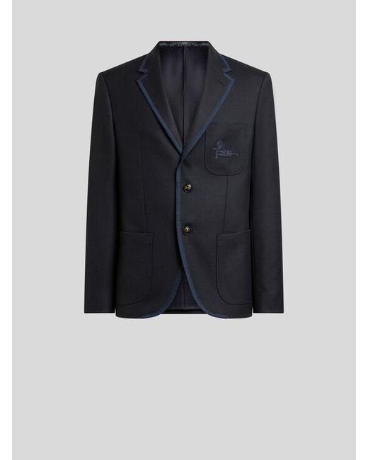 Etro Blue Single-Breasted Wool Jacket With Pegaso Logo for men