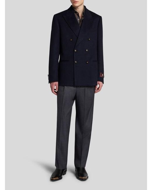 Etro Blue Double-Breasted Cashmere Blazer for men