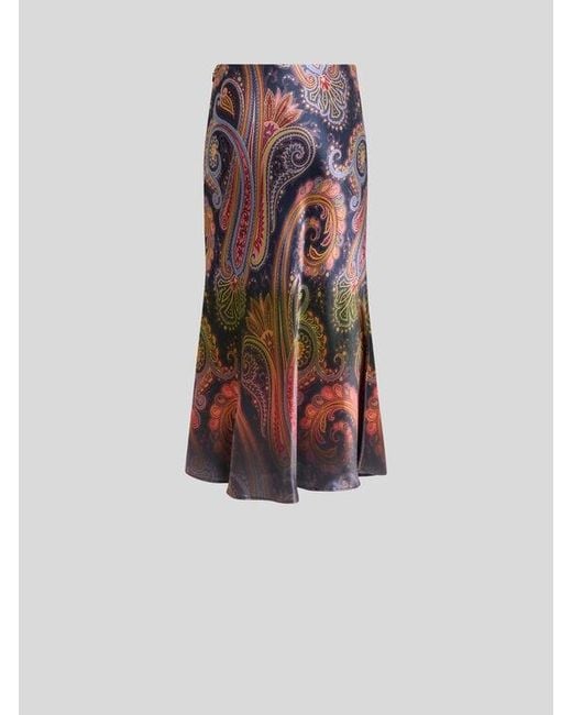 Etro White Envers Satin Midi Skirt With Placed Degradé Paisley Print
