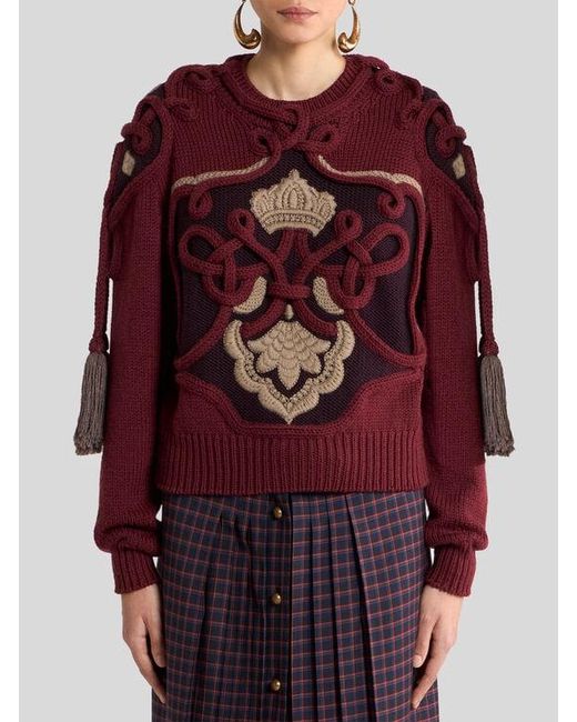 Etro Red Ribbed Wool Sweater With Tassels And Embroidery