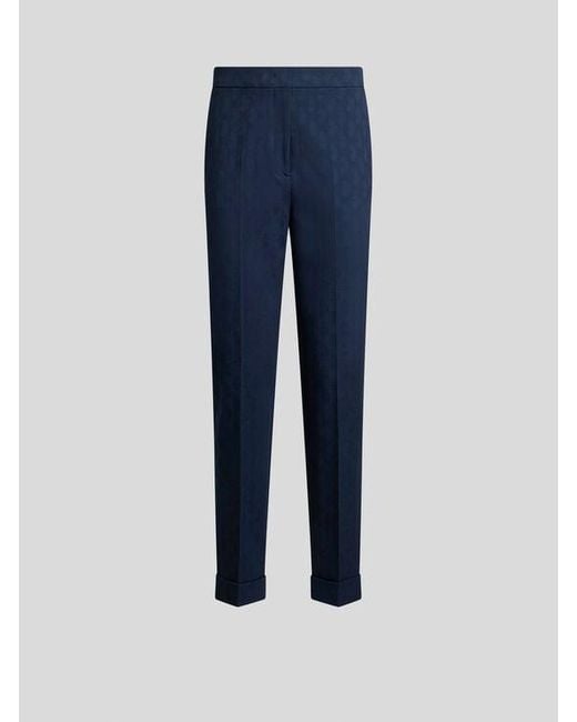 Etro Blue Cropped Cotton Jacquard Trousers With Micro Paisley Motif