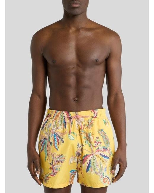 Etro White Swim Shorts With Placed Parrot And Palm Tree Print for men