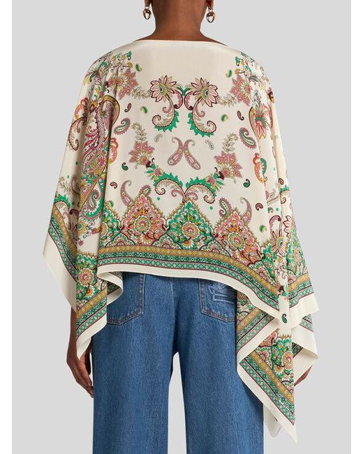 Etro White Floral Paisley Silk Poncho