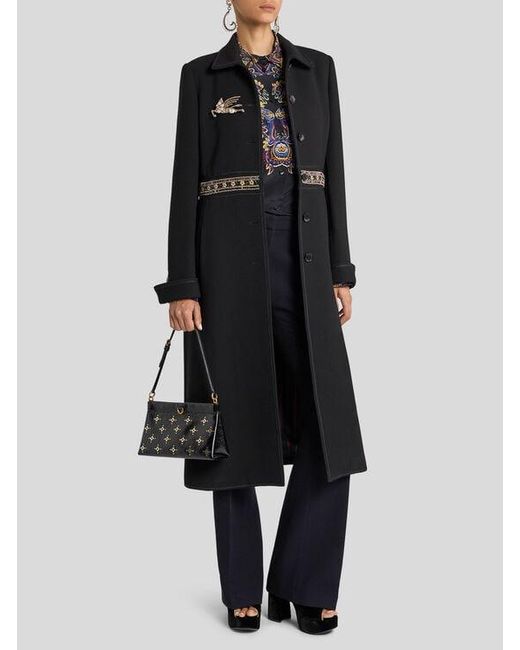 Etro Black Wool Coat With Jewel Embellishments