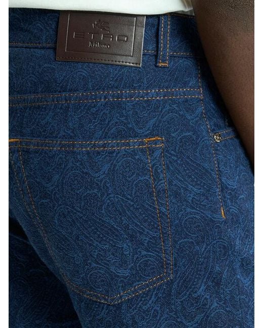 Etro Blue Regular-Fit Jacquard Denim Jeans With Floral Paisley Motif for men