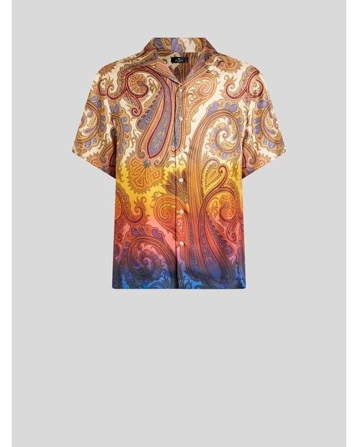 Etro White Silk Bowling Shirt With Placed Degradé Paisley Print for men