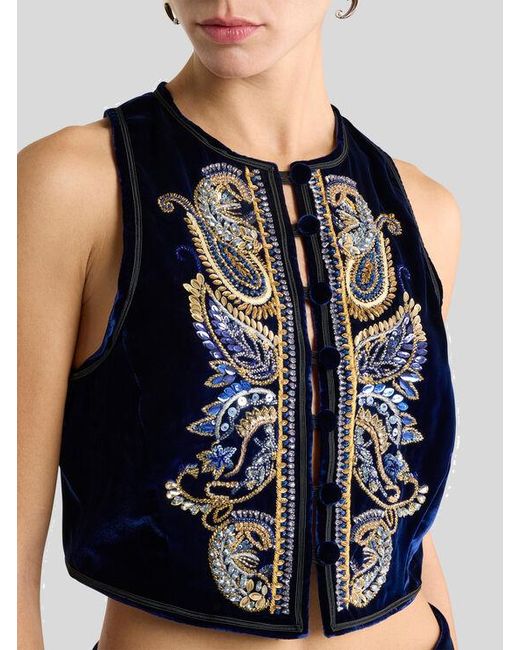 Etro Black Cropped Velvet Waistcoat With Paisley Foliage Embroidery