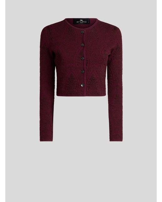 Etro Purple Cropped Jacquard Cardigan With Medallion Motif