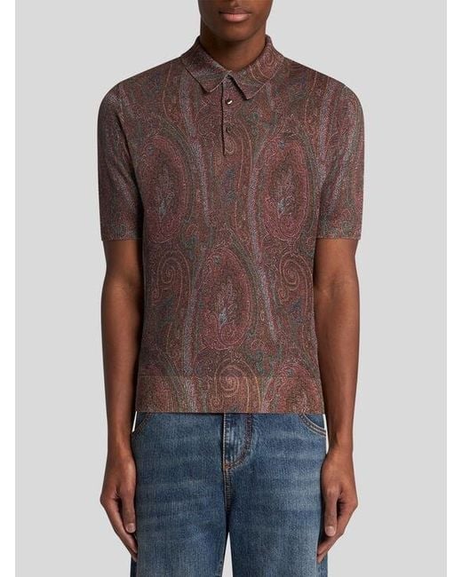 Etro Brown Knit Polo-Shirt With Paisley Print for men