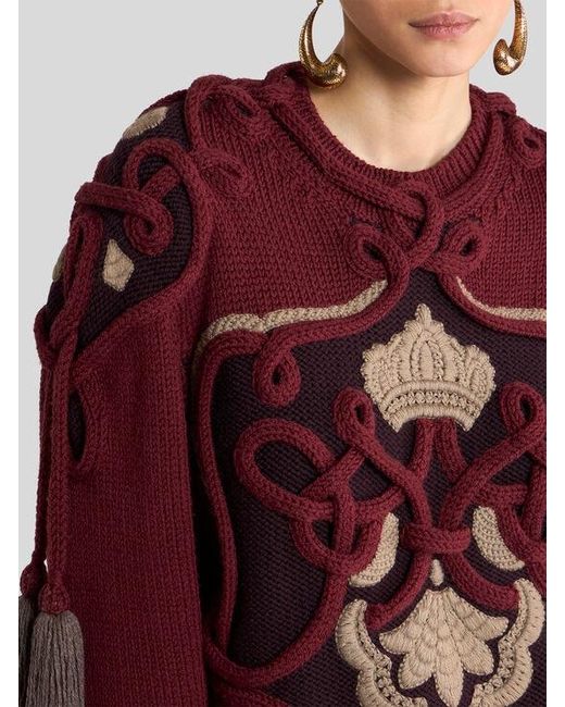 Etro Red Ribbed Wool Sweater With Tassels And Embroidery