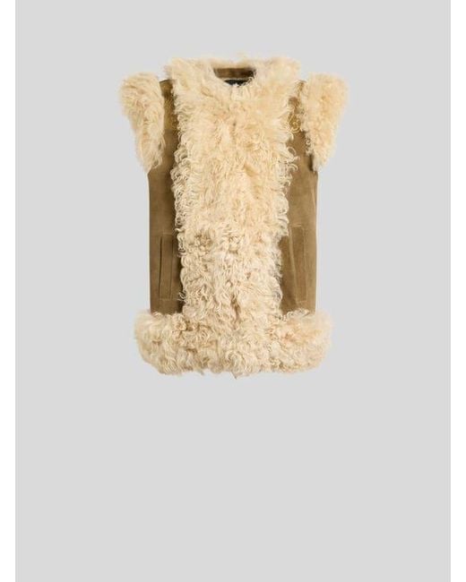 Etro Natural Shearling Waistcoat With Peacock Embroidery