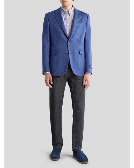 Etro Blue Single-Breasted Wool-Blend Jacket With Micro Chevron Motif for men