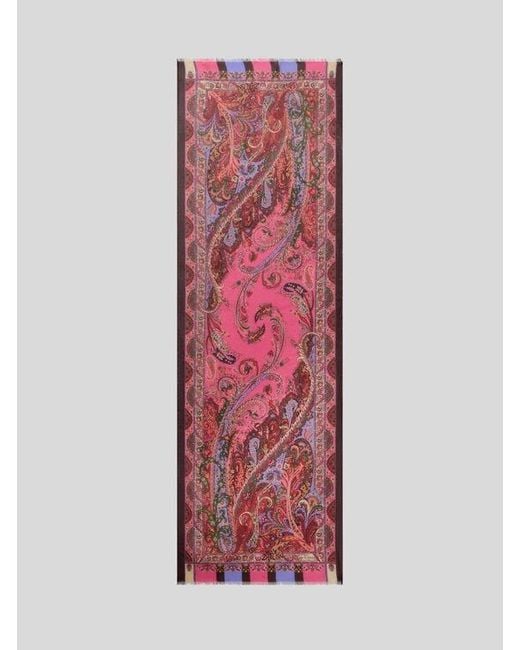 Etro Red Silk Scarf With Floral Leafy Motif