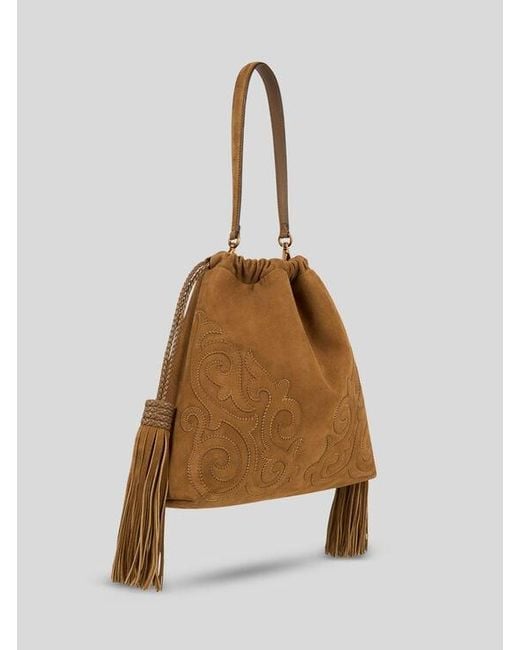 Etro Brown Medium Suede Kalispera Bag With Patch And Tassels
