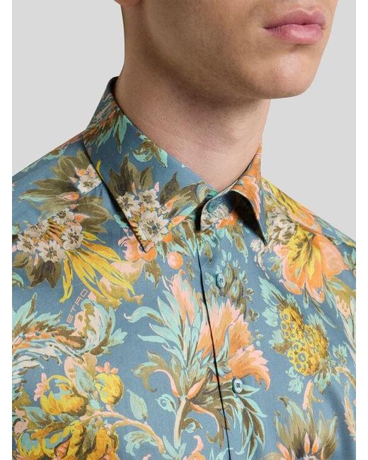 Etro Green Cotton Satin Shirt With Floral Motif for men