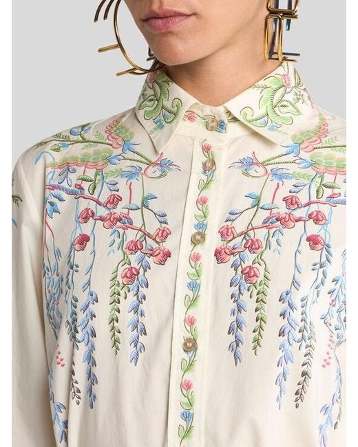Etro White Long Cotton Shirt Dress With Placed Flora And Fauna Print