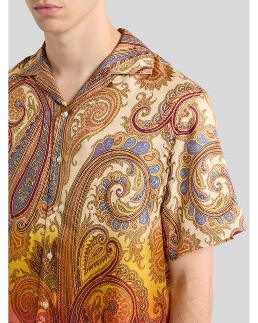 Etro White Silk Bowling Shirt With Placed Degradé Paisley Print for men